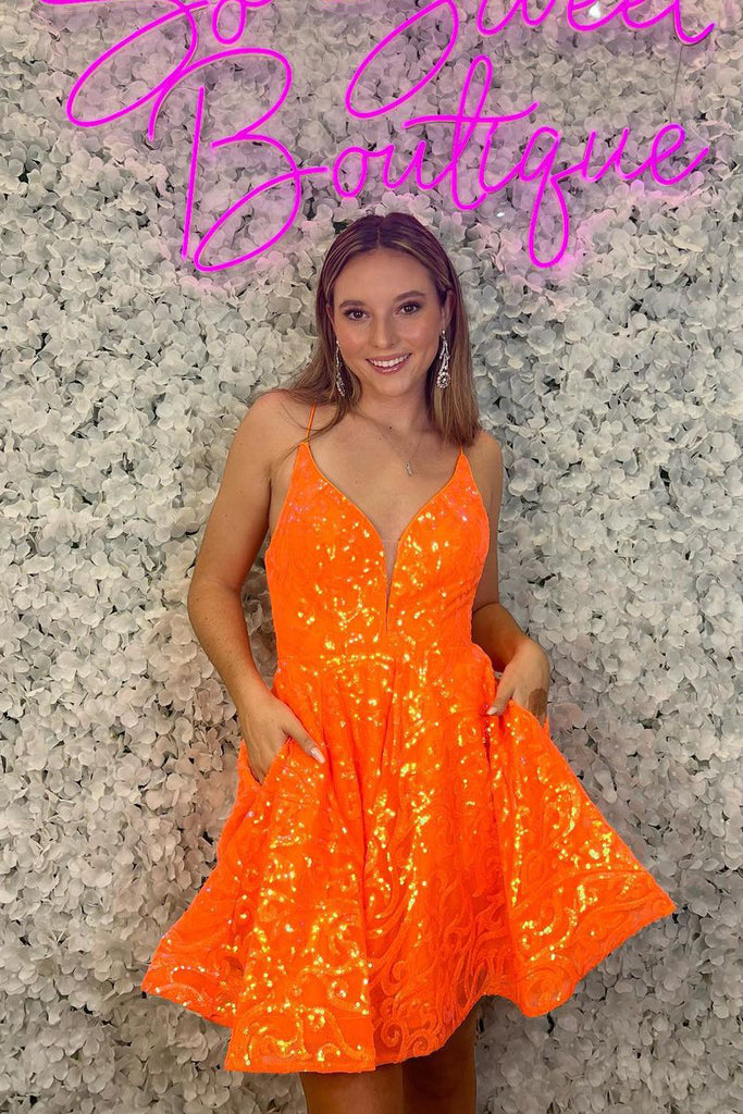 Cute A Line V Neck Orange Lace Sequins Short Homecoming Dress with Pockets MD090205 Dressmeet Cute A Line V Neck Orange Lace Sequins Short Homecoming Dress with Pockets MD090205 Dressmeet