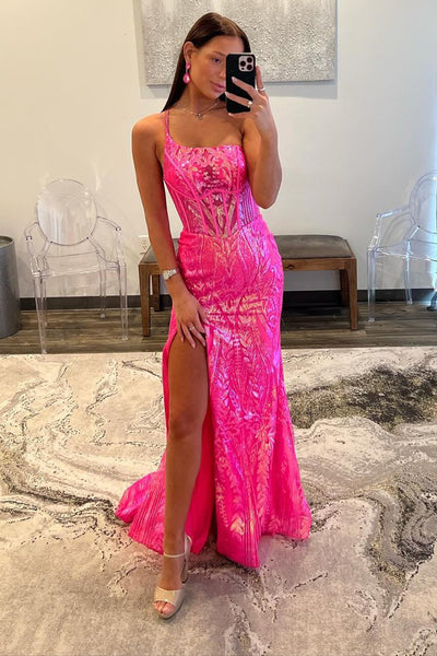 Charming Mermaid One Shoulder Sequins Lace Long Prom Dress MD4021802