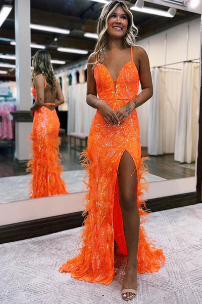 Mermaid V Neck Orange Sequins Long Prom Dresses with Feather MD4010402