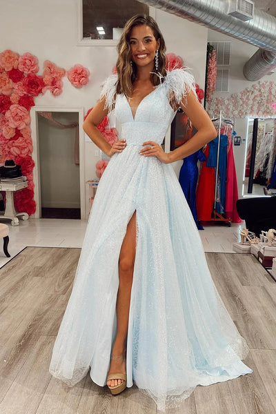Sparkly A-Line Light Blue Sequins Long Prom Dress with Slit DM3082810