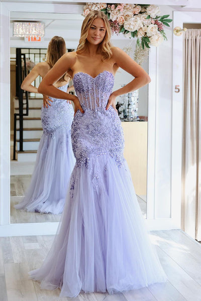Lavender Sweetheart Mermaid Tulle Long Prom Dresses with Appliques MD4010704