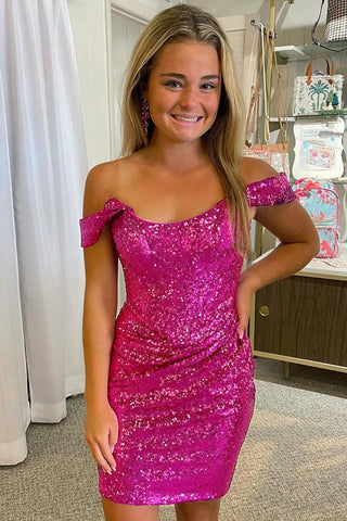 Fuchsia Detachable Off the Shoulder Sequins Tight Homecoming Dress LD3062302