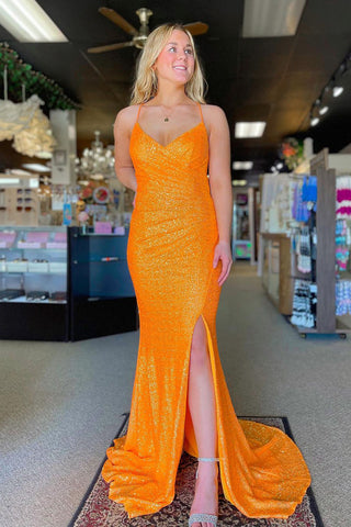 Orange V Neck Sequin Long Mermaid Prom Dress with Slit MD4022304