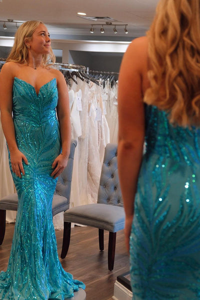 Glitter Mermaid Strapless Blue Sequins Appliques Long Prom Dress MD4022801