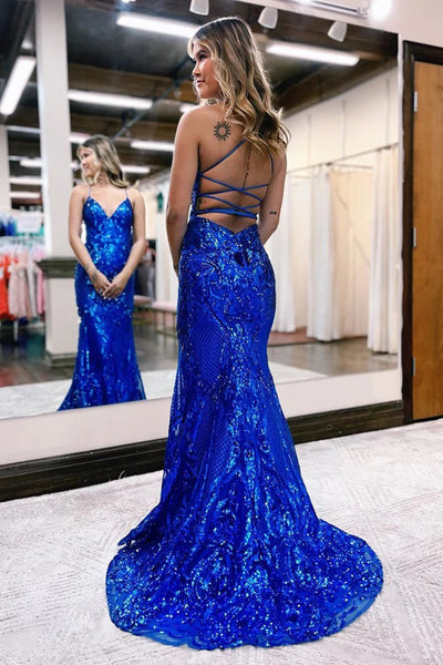 Luxurious Mermaid V Neck Royal Blue Sequins Long Prom Dresses Evening Dresses DM3030408