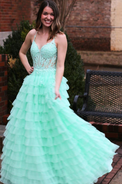 Mint Spaghetti Straps Tiered Tulle Long Prom Dress with Appliques MD120506