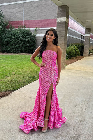 Cute Mermaid Strapless Pink Sequins Long Prom Dresses DM24101514