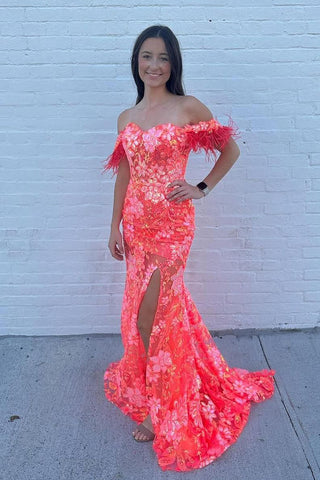 Charming Mermaid Coral Lace Sequins Prom Dresses with Slit DM102411