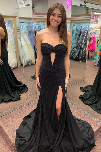 Charming Mermaid Sweetheart Black Satin Slit Long Prom Dresses DM24121709