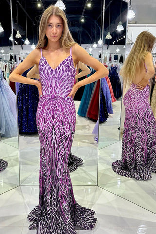 Unique Sparkly Mermaid V Neck Purple Sequins Long Prom Dress MD101707