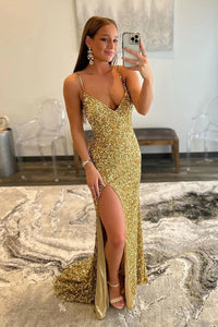 Gold Sequin V Neck Mermaid Long Prom Dress MD100802