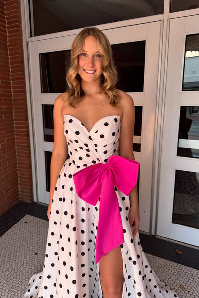 Cute A Line Sweetheart White Black Dot Prom Dress with Bow DM52120607