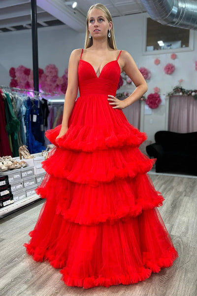 Blue A-Line Tiered Long Tulle Prom Dress with Ruffles DM3082806