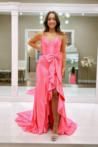 Pink Sweetheart Satin Long Prom Dress with Bow MD4022004