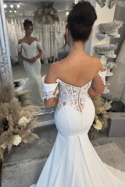 Mermaid Off the Shoulder Elastic Satin Wedding Dress with Appliques DM52112708