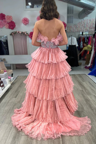 Glitter Blush A-Line Beaded Long Tulle Tiered Prom Dress with Ruffles DM3082815