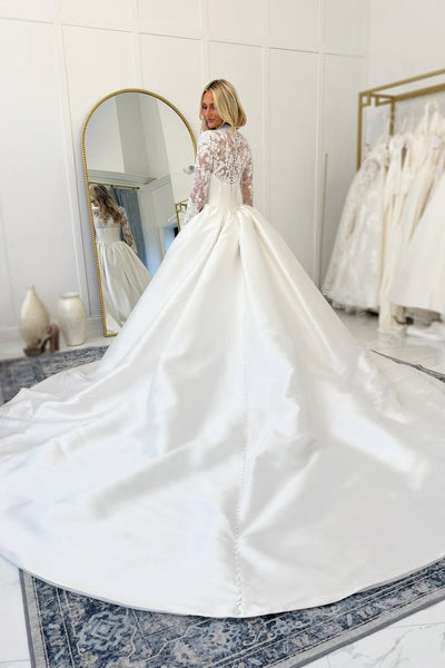 Gorgeous Ball Gown High Neck Satin Wedding Dress with Long Sleeves DM52112707