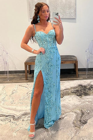 Aqua Blue Applique Queen Anne Long Formal Dress with Slit MD092401