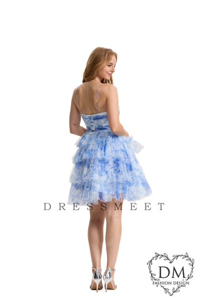 Blue Halter Ruffle Tiered Floral Printed Short Homecoming Dresses DM24072102