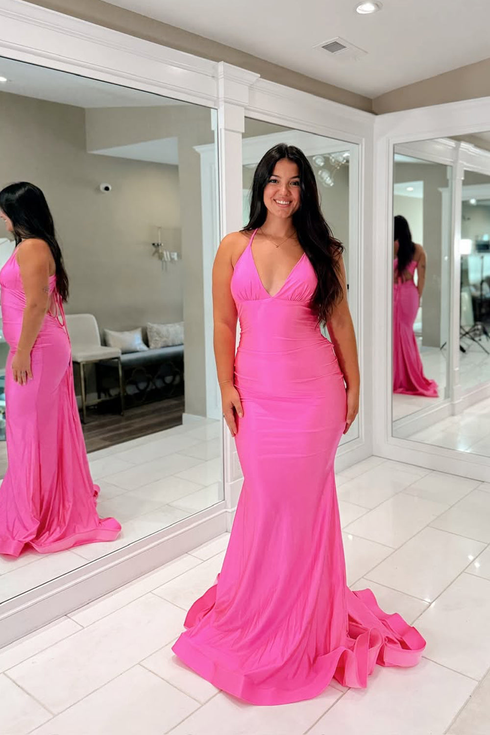 Mermaid V Neck Pink Elastic Satin Prom Dress DM1111403
