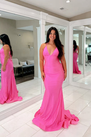 Mermaid V Neck Pink Elastic Satin Prom Dress DM1111403