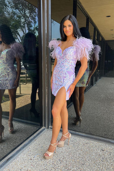Cute Bodycon Off the Shoulder Lace Sequins Short Homecoming Dress with Feather MD090202
