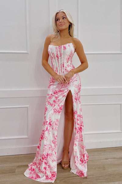 Sheath Merrmaid Strapless Floral Satin Slit Prom Dress DM26011206