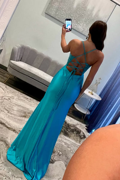 Cute Mermaid Straps Blue Satin Slit Prom Dress with Appliques DM25012908