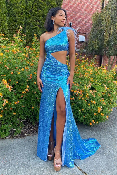 Sparkly Mermaid One Shoulder Blue Sequins Long Prom Dress with Feather MD4011302