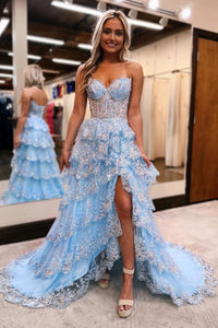 Blue Sequins Strapless Ruffle Tiered Long Prom Dress with Slit MD4031802