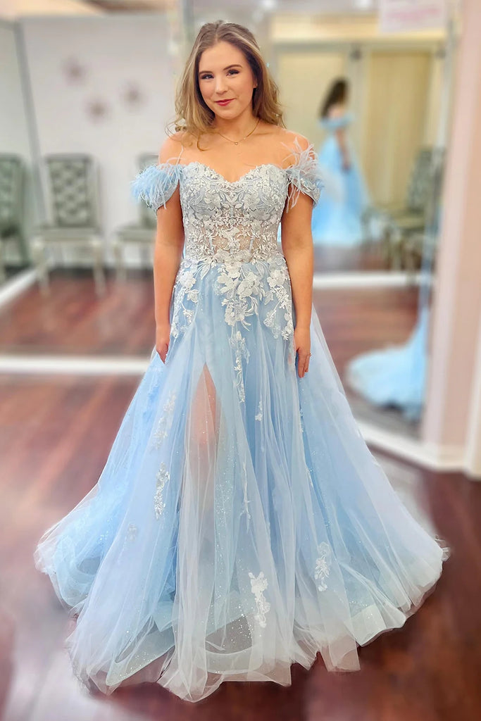 Glitter Off The Shoulder Light Blue Corset Prom Dress with Appliques DM3082824 Dressmeet Glitter Off The Shoulder Light Blue Corset Prom Dress with Appliques DM3082824 Dressmeet