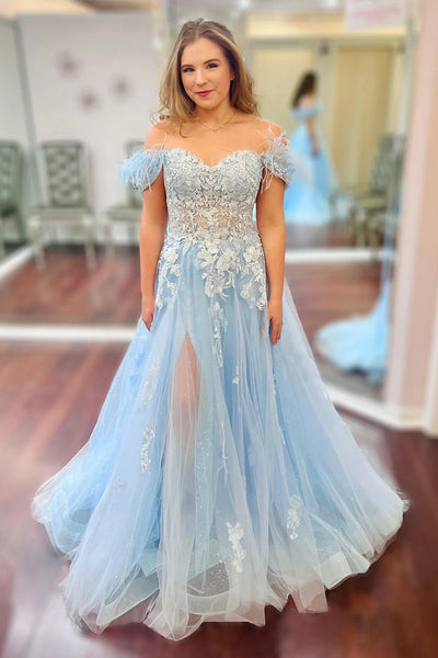 Glitter Off The Shoulder Light Blue Corset Prom Dress with Appliques DM3082824