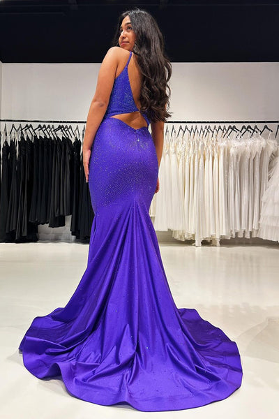 Purple V Neck Mermaid Satin Long Prom Dresses with Beads MD4010702
