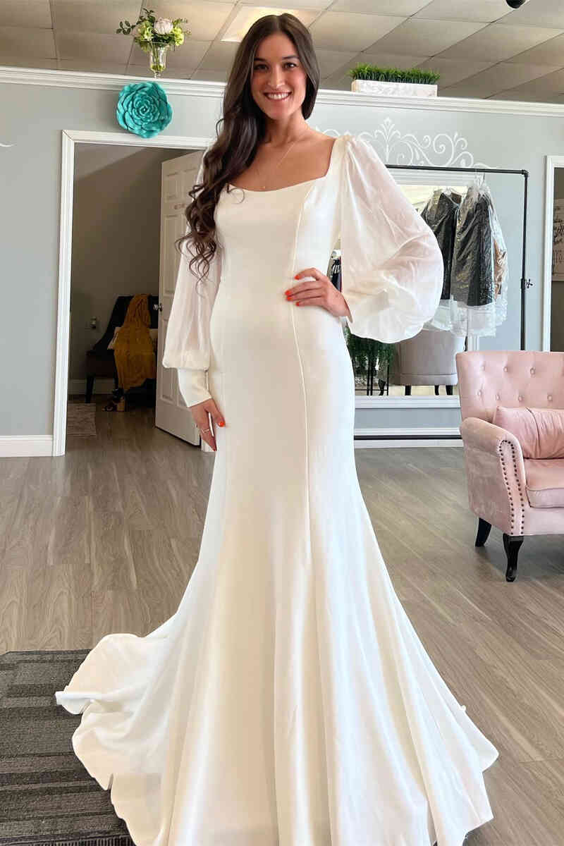 Square Neck Ivory Long Sleeves Mermaid Wedding Dress LD3061901