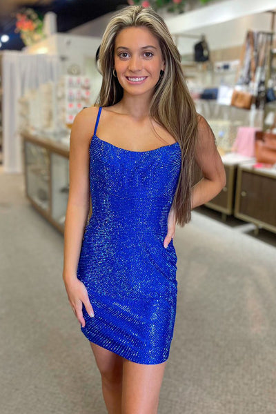 Gorgeous Bodycon Scoop Neck Royal Blue Beaded Short Homecoming Dresses DM24071011