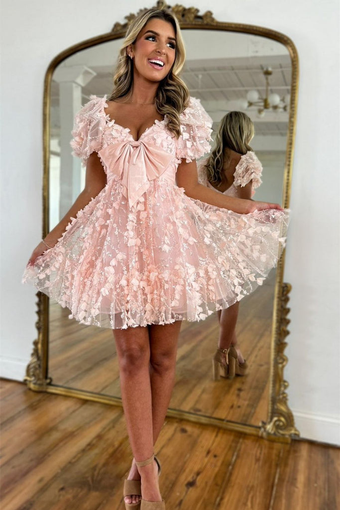 Light Pink Short Sleeves Lace A-Line Short Homecoming Dresses DM240807 Dressmeet Light Pink Short Sleeves Lace A-Line Short Homecoming Dresses DM240807 Dressmeet
