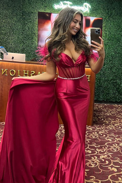Dark Red Off the Shoulder Satin Long Prom Dress with Feather MD4011002