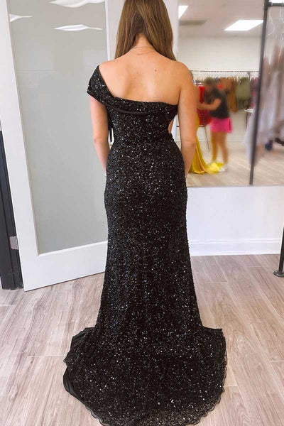 Black One Shoulder Cap Sleeve Sequined Long Party Dress MD121801