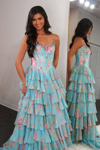 Strapless Beads Floral Print Ruffle Tiered Long Prom Dresses with Slit DM16021503