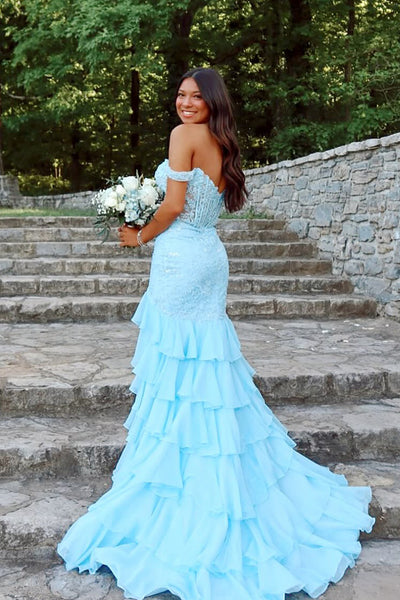 Charming Mermaid Off the Shoulder Light Blue Tiered Chiffon Prom Dresses DM050601