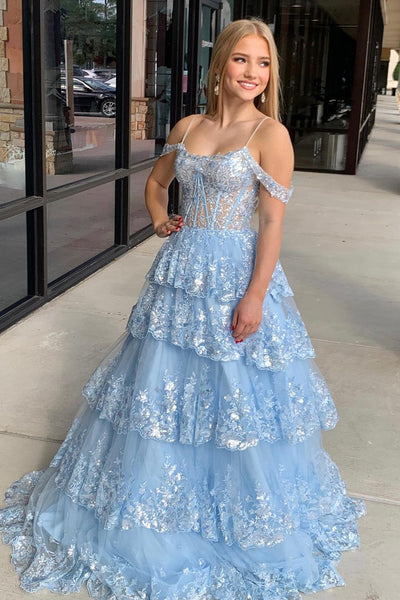 A-Line Cold Shoulder Blue Tiered Sequin Lace Long Prom Dresses MD4010303