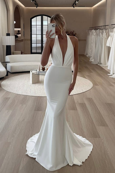 Elegant Mermaid V Neck Stretch Satin Wedding Dresses DM25052701