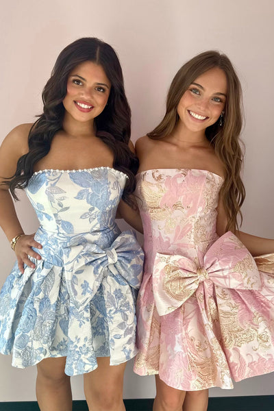 A Line Strapless Light Blue Jacqaurd Satin Homecoming Dress DM12070706