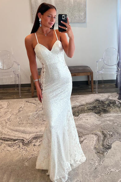 White V Neck Mermaid Sequins Long Prom Dresses with Appliques MD4010701