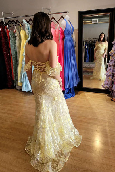 Lovely Mermaid Off the Shoulder Yellow Sequin Appliques Long Prom Dresses MD4042701