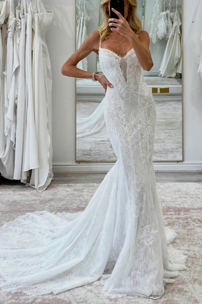 Gorgeous Mermaid V Neck White Lace Wedding Dresses with Train DM26103005