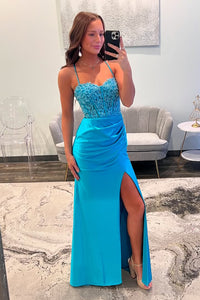 Cute Mermaid Straps Blue Satin Slit Prom Dress with Appliques DM25012908