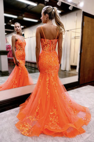 Cute Mermaid V Neck Orange Sequins Long Prom Dresses