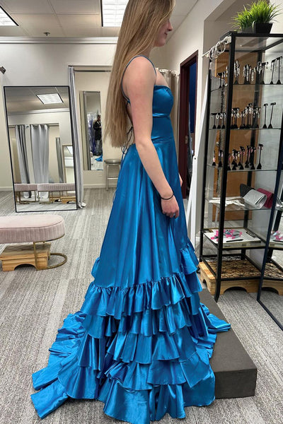 A-Line Scoop Neck Peacock Blue Ruffle Long Prom Dress MD4031701