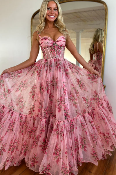 A Line Sweetheart Pink Floral Chiffon Long Prom Dress DM020602